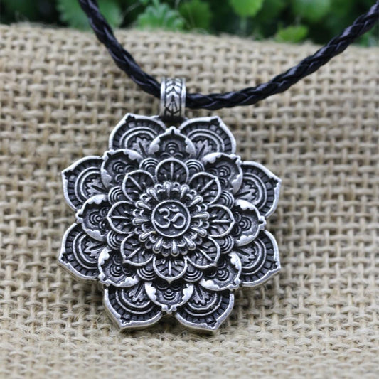 Antique Silver Om Lotus Blossom Mandala Necklace