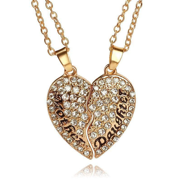 Crystal Studded Two-Part Heart Mother-Daughter Pendant Necklaces