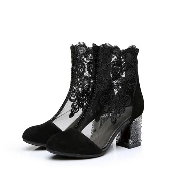 Black Lace Rough Heels Boots(1 Pair)