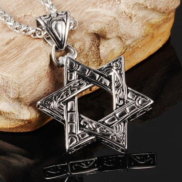 Stainless Steel Paisley Detailed Six-Point Star Pendant Necklaces