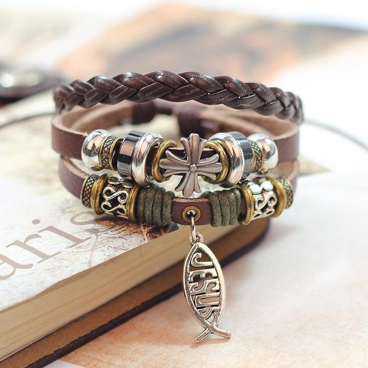 Adjustable Multilayer Leather Ichthys "Jesus Fish" Bracelets