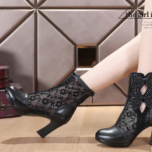 Real-leather Bow Lace High-heeled Boots