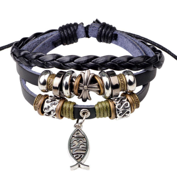 Adjustable Multilayer Leather Ichthys "Jesus Fish" Bracelets