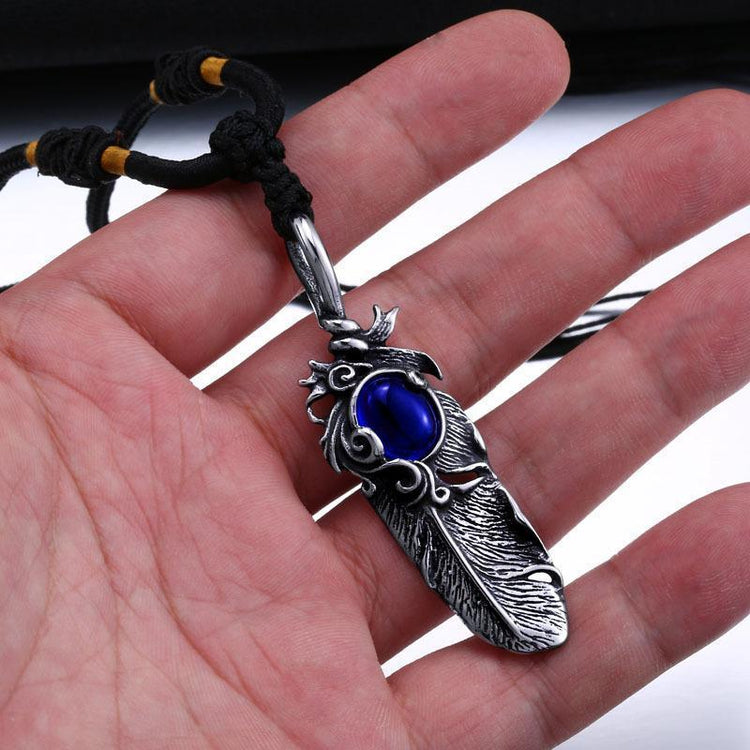 Stainless Steel Gem Stone Feather Pendant Necklaces