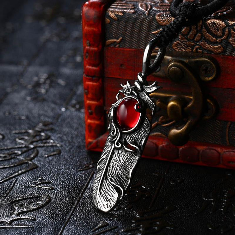 Stainless Steel Gem Stone Feather Pendant Necklaces