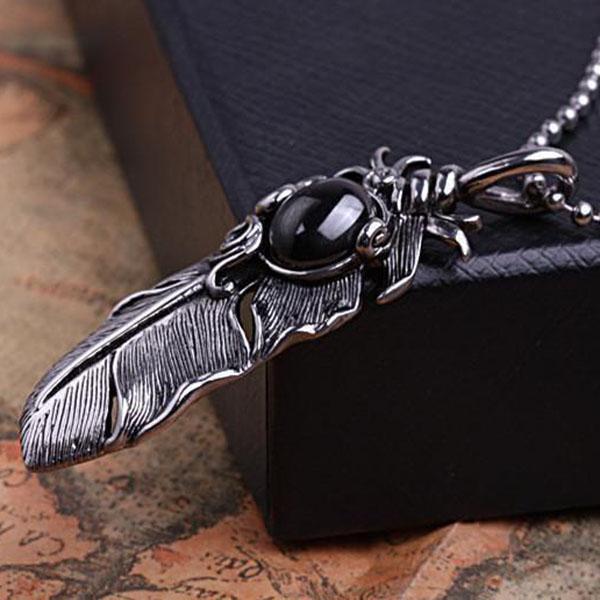 Stainless Steel Gem Stone Feather Pendant Necklaces