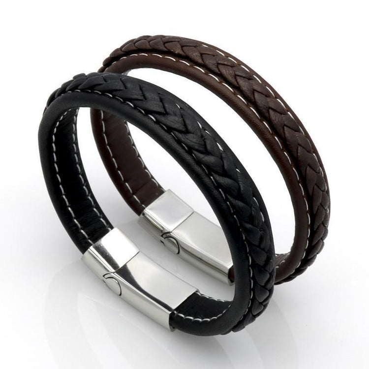 Genuine Leather Braided Bracelet With Stainless Steel Magnetic Clasp