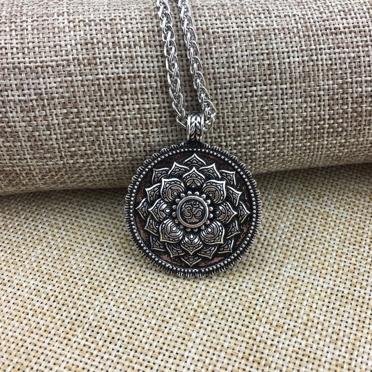 Antique Silver Om Lotus Mandala Pendant Necklaces