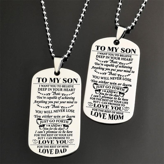 Engraving Stainless Steel Tags Dad + Mom To Son + Daughter