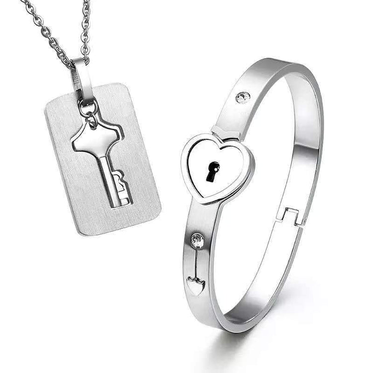 Women Key Necklace Titanium Men Bracelets Set For Couple