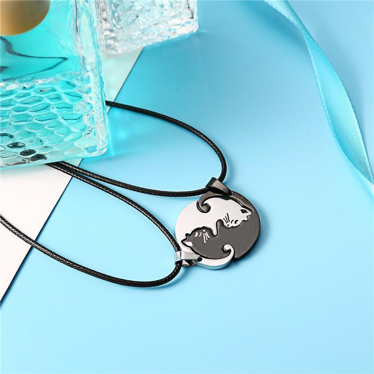 Titanium Steel Black and White Cats Couple Necklace