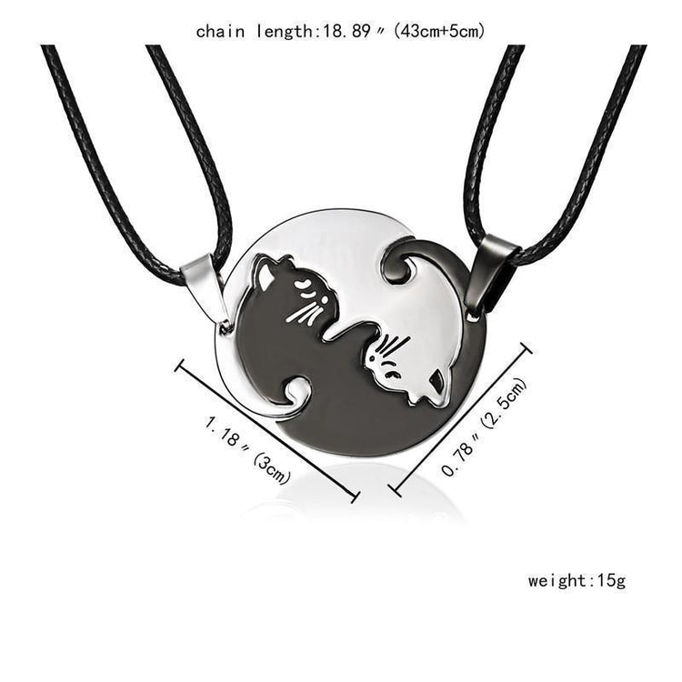 Titanium Steel Black and White Cats Couple Necklace