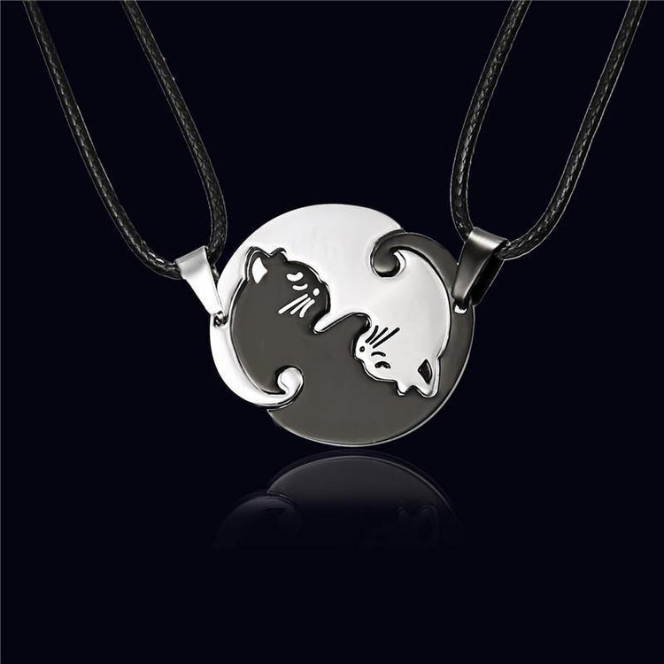 Titanium Steel Black and White Cats Couple Necklace