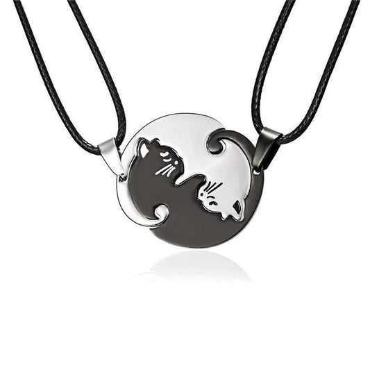 Titanium Steel Black and White Cats Couple Necklace