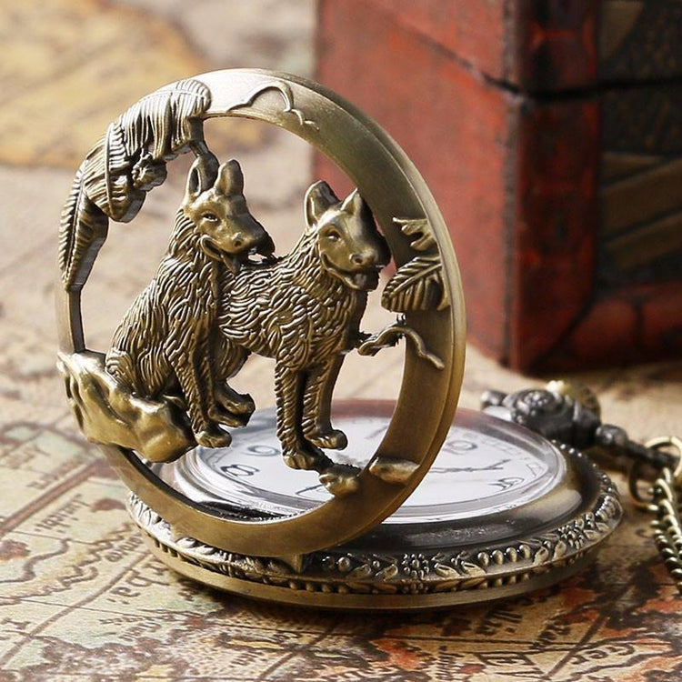 Steampunk Vintage Wolf Pocket Watch Necklace