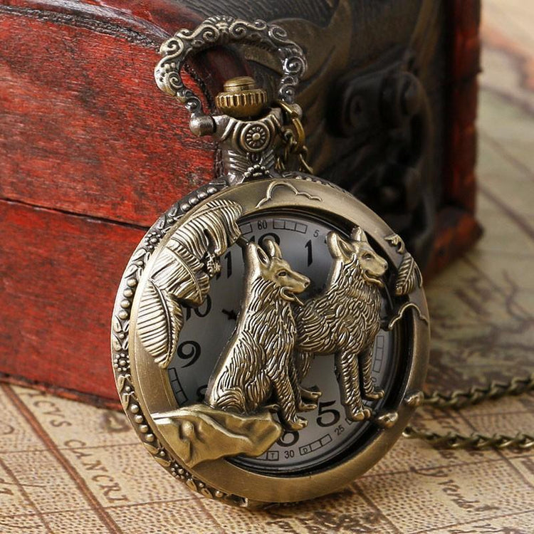 Steampunk Vintage Wolf Pocket Watch Necklace