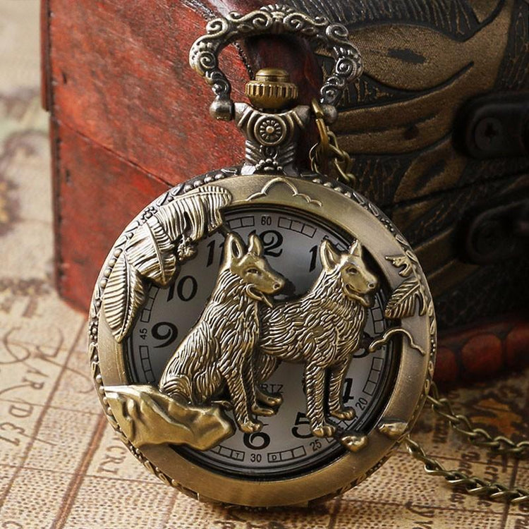 Steampunk Vintage Wolf Pocket Watch Necklace