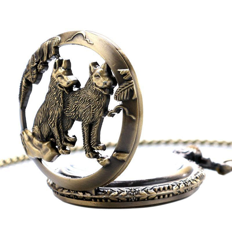 Steampunk Vintage Wolf Pocket Watch Necklace