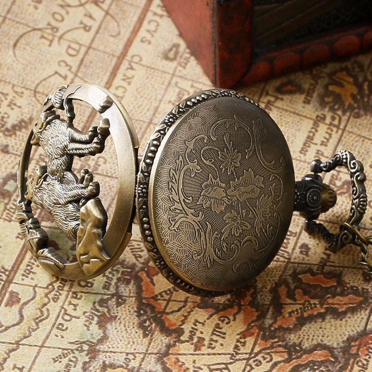 Steampunk Vintage Wolf Pocket Watch Necklace