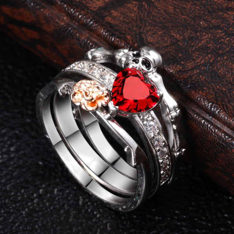 Ruby - Skull Red Heart Crystal Ring