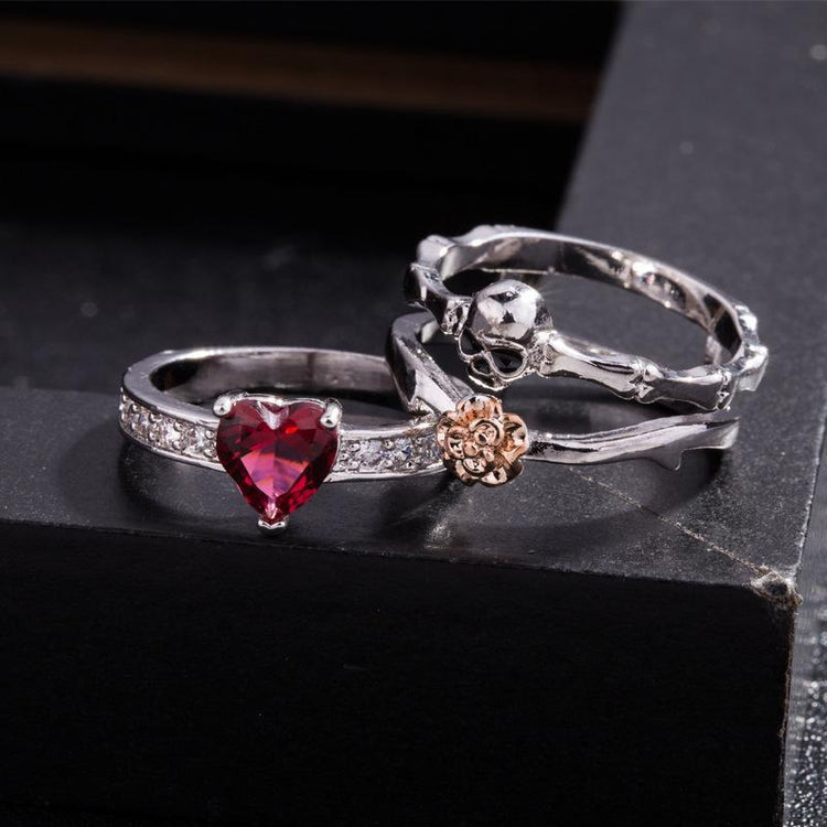 Ruby - Skull Red Heart Crystal Ring