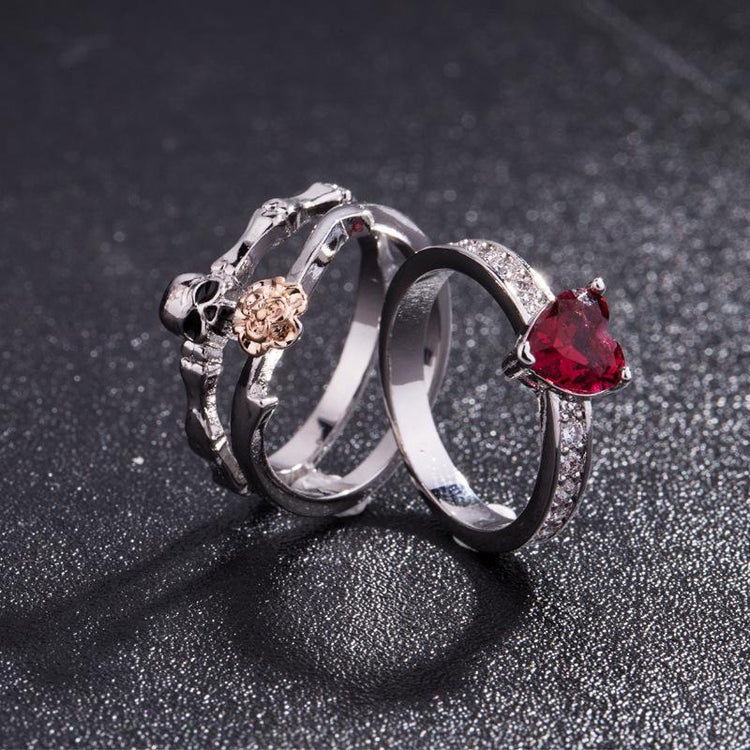 Ruby - Skull Red Heart Crystal Ring